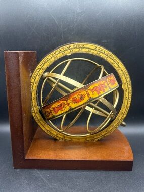Vintage Italian Brass Armillary Sphere Zodiac Climate Zones Wooden Base Bookend